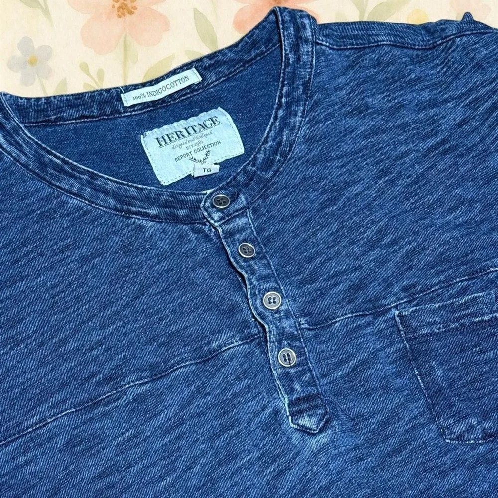 Heritage 100% Indigo Cotton Henley Shirt Mens XL Slim Fit Blue Pocket Tee - Picture 2 of 5